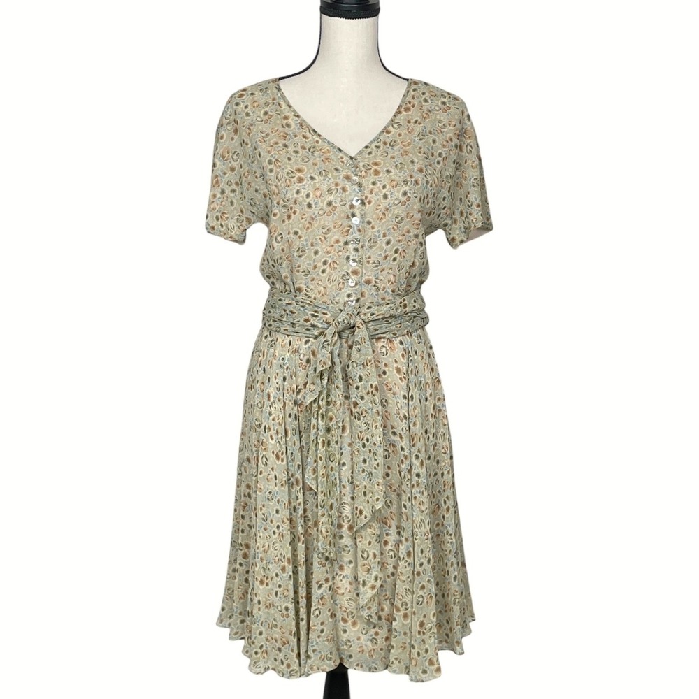 Vintage Dana Buchman 100% Silk Ditsy Floral Tie Waist Dress 8 Cottagecore Earthy - Picture 1 of 9